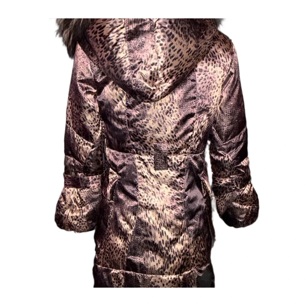 Tuleh Y2K Leopard Print Real Fur Trim Hooded Trench Coat M B35 W31 H38 DAMAGED